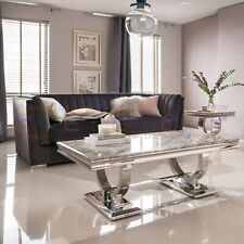 Modern Arriana 130cm x 70cm Chrome Coffee Table Grey Marble Top for Living Room