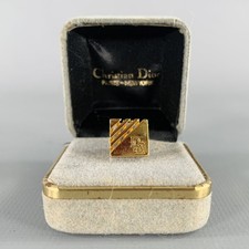 CHRISTIAN DIOR Gold Metal Engraved Monogram Brooch Pin