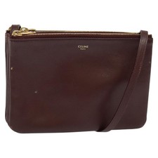 CELINE Trio Shoulder Bag Leather Bordeaux Gold Auth BA4953