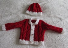 Hand knitted patterned cardigan & hat set in red/white edges new born baby boy
