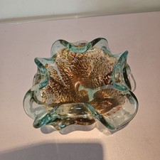 Murano Glass 1950s  Chartreuse Biomorphic Gold Fleck Glass Bowl.