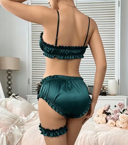 Green satin lingerie set - lingerie, bra