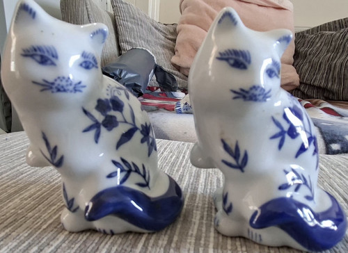 Blue white ceramic cats - ceramic,