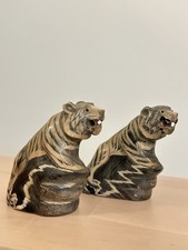 Vintage Carved And Polished Buffalo Horns Tigers VGC