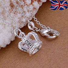 925 Sterling Silver plated Crown Necklace Crystal Tiara Princess 18" Chain UK