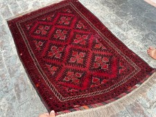 Vintage Handmade Afghan Baluchi Rug 3.4x5.0 ft – Geometric Tribal Wool Carpet