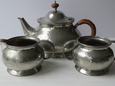 Tudric Pewter Liberty of London Tea Pot Milk Sugar set Wicker Handle VGC