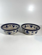 2 Ceramic 8” Dog Dish Bowl Stoneware Blue Paw Prints Set of 2