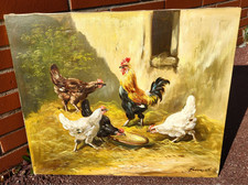 Signed antique painting.  Low Court Chickens Rooster Scene Oil painting on canvas.