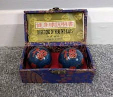 Vintage Ying and Yang Chinese Chiming Meditation Balls x2 Blue With Wooden Stand