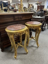 Pair Gilt Tables Marble Top Bedside Lamp Side French Louis XVI Red Top