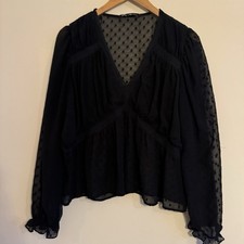 Zara Size 12-14 Black Lacy Frill V Neck Top W5