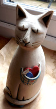 Vintage studio pottery cat with pocket cream hollow marked handmade