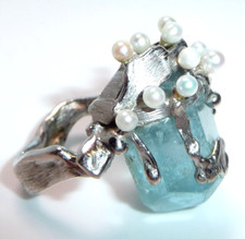 Ring 585 White Gold 40ct Aquamarine Pearl Size 57 Changeable Creative Design 19.2g