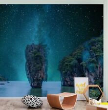Cliff Nature Sea Green Stars Night Fall Cosmo Tree Wallpaper Mural Photo Poster