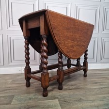 Antique Solid Oak Barley Twist Drop Leaf Gate Leg Sofa Dining Table Oval Wooden