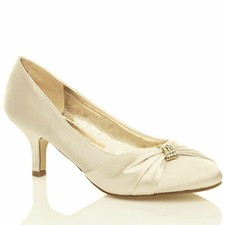 LADIES SATIN LOW MID HEELS WOMENS WEDDING BRIDAL BRIDESMAID STILETTO KITTEN SHOE