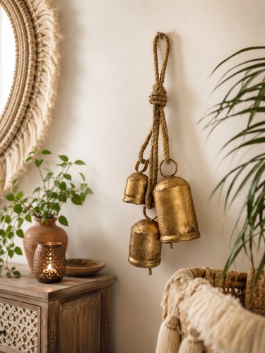 Rustic brass hanging bells - rustic,