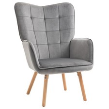 HOMCOM Modern Accent Chair Tufted Wingback Armchair with Beech Wood Legs Grey