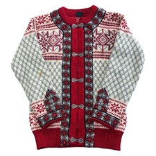 Dale Of Norway Wool Knit Cardigan Fair Isle Patterned Red Sweater Mens XS