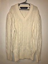 Fearnley Cricket Sweater BOYS Size Small Ivory Cable Knit V-Neck Chest 26/28 In