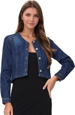 Allegra K Denim Jacket for Women's Collarless Button Down Crop Jean Jacket SzM