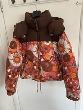 Zara Brown And Orange Floral Hippie Style Puffer Jacket With Hood, Size XS BMWOT