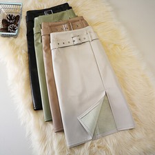 Lady High-Waist PU Leather Skirt Knee Length A-line Slit Skirt with Belt Casual