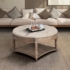 Ottoman Coffee Table, 2-Tier Waterproof Button Tufted Ottoman w/Hidden Storage