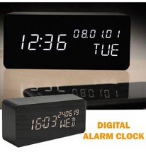 Wooden Digital Alarm Clock Wireless Charging, LED Clock with Time, Date/Temprat