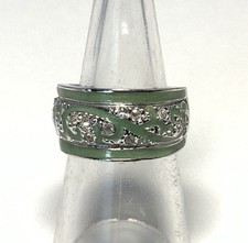 Silver Tone Green Enameled & Rhinestone Ring Size 6 KU109