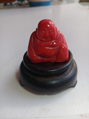Vintage coral laughing buddha - coral,