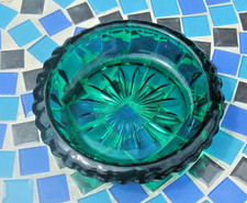 Vintage French green glass  bowl with sunburst design and roulleted edges