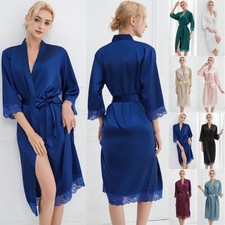 UK Long Lace Satin Robe Wedding Bride Bridesmaid Kimono Dressing Gown Sleepwear