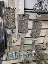 Set Of 3 Candle Holder Sparkly Silver Diamond Crush Crystal Faceted Balls