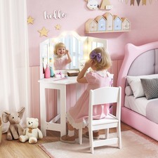 Kids Dressing Table and Stool Set with 2-Colour LED Lights, Tri-Folding Mirror