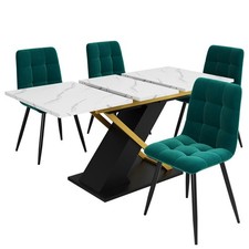 Extendable Dining Table and Chairs Set of 4, Marble Effect Rectangular Table
