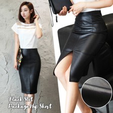 Women's Leather Pencil Midi Skirt High Waist Office Fashion Black Sexy Bodycon