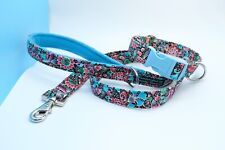 Floral Fabric Adjustable Buckle Dog Collar 12-19" 25mm Webbing Matching Lead Set