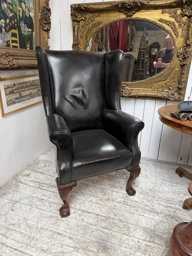 Antique black leather wingback - antique,