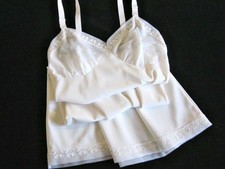 Vintage Layered Full Slip 32 +/- Silky White Nylon Embroidered Chiffon Baronet