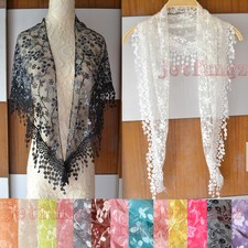 Lace Sheer Floral Print Triangle Veil Church Mantilla Scarf Shawl Wrap Tassel 15