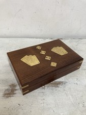 Vintage Wooden Brass Inlay Double Deck Playing Card Box Card Games Dice Man Gift