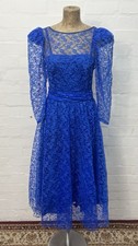 Vintage 80s Cobalt Blue Lace Prom Party Dress Long Sleeve Lace Overlay Eu38 Uk10