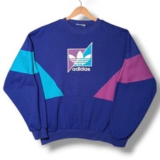 Vintage Adidas Sweatshirt Mens Large Purple Neon 1980s Colour Block Jumper 