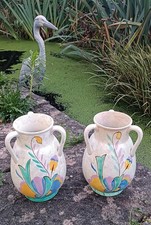 Rare Pair of Beswick “Ciro” Series Triple-Handled Art Deco Vases, Painted, 1930s