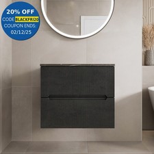 600mm Bathroom Vanity Unit Grey Marble Countertop Wall Hung Fluted Black Unit