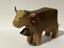 Midcentury Swiss Folk Art Cow ~ Leather Ears And Horns With Bell Nice Patina