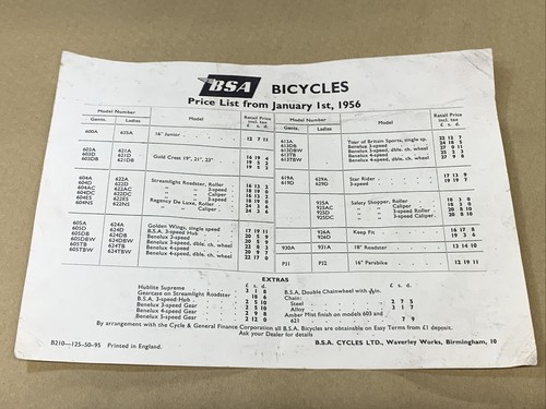 1956 bsa bicycles - 1956, list