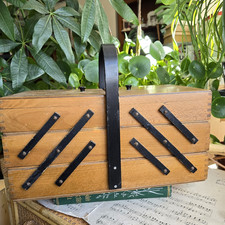 Vintage wooden sewing box cantilever 3 tier Accordeon England Rustic Cottage